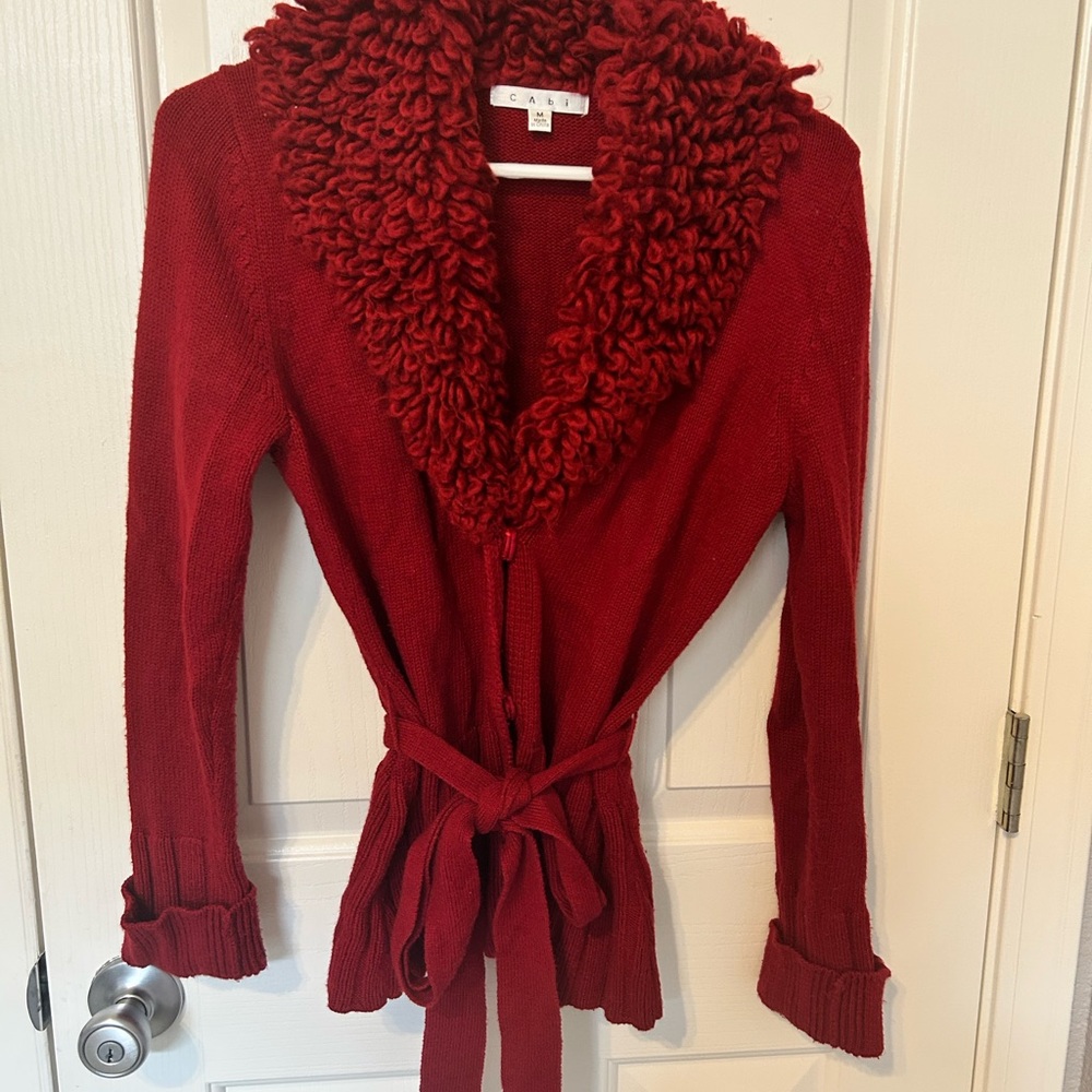 CAbi Women's Deep Red Cardigan with Textured Collar